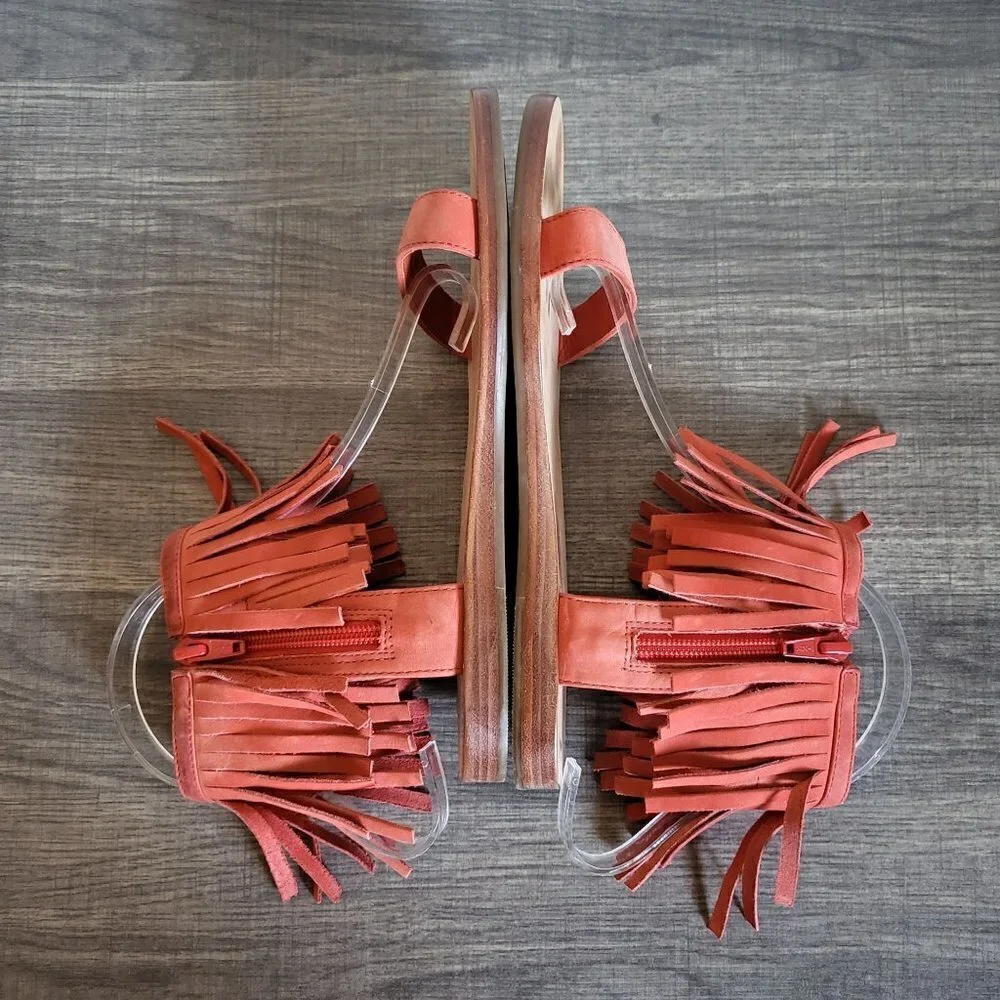 Kate Spade Alex Flat Fringe-Cuff Boho Sandals Orange Nubuck Leather Sz Women's 6